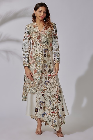 Ivory Crepe & Chanderi Silk Printed Angrakha Kurta Set by PDS by Sneha