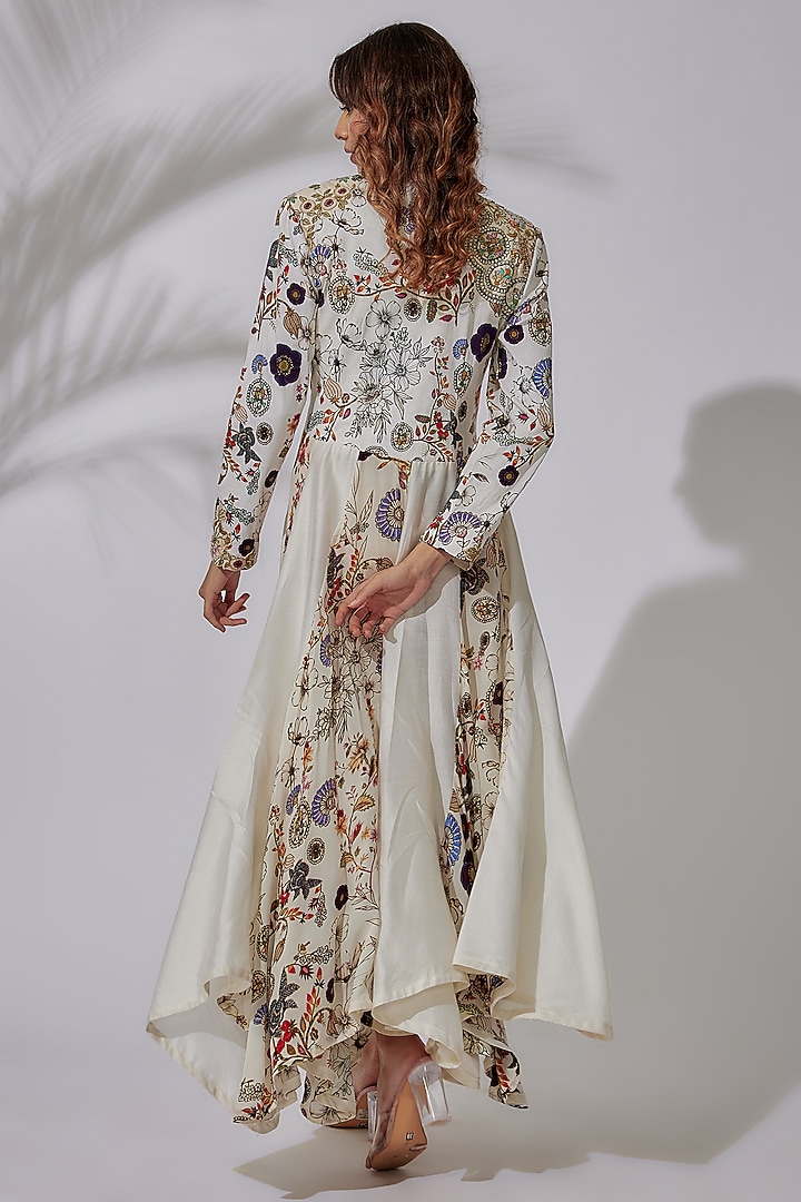 Ivory Crepe & Chanderi Silk Printed Angrakha Kurta Set by PDS by Sneha at Pernia's Pop Up Shop