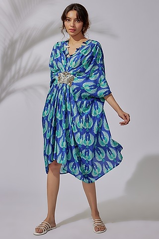 Blue Crepe Printed & Hand Embroidered Kaftan Dress by PDS by Sneha