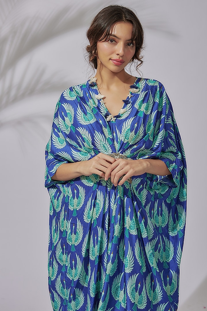 Blue Crepe Printed & Hand Embroidered Kaftan Summer Dress by PDS by Sneha at Pernia's Pop Up Shop