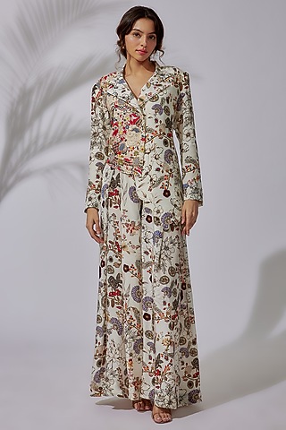 Ivory Crepe & Cotton Lycra Printed Jacket Set by PDS by Sneha