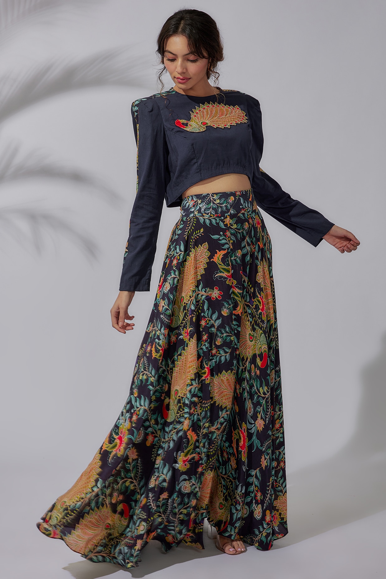 Pretty Black Zari Weaving Banarasi Silk Indo-Western Crop Top Lehenga -  Zeel Clothing - Medium