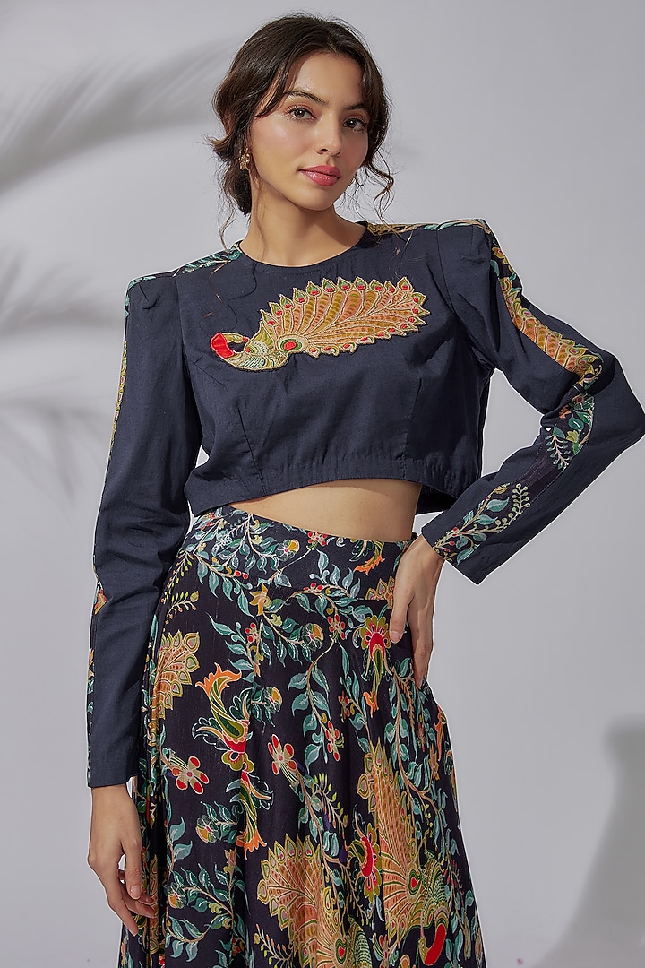 Blue Crepe & Silk Printed Lehenga Set by PDS by Sneha at Pernia's Pop Up Shop