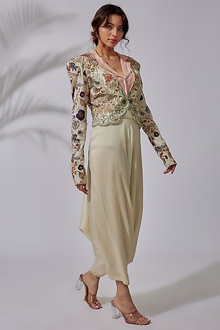 Ivory Silk & Cotton Lycra Dhoti Set by PDS by Sneha