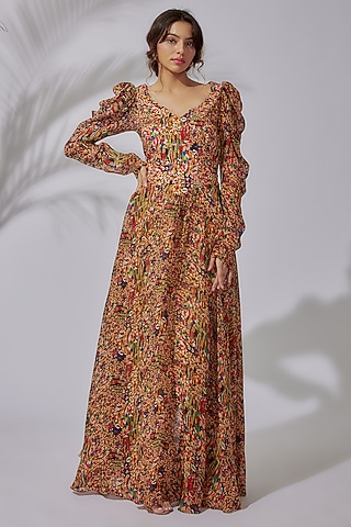 Multi-Colored Organza & Crepe Printed Gown by PDS by Sneha