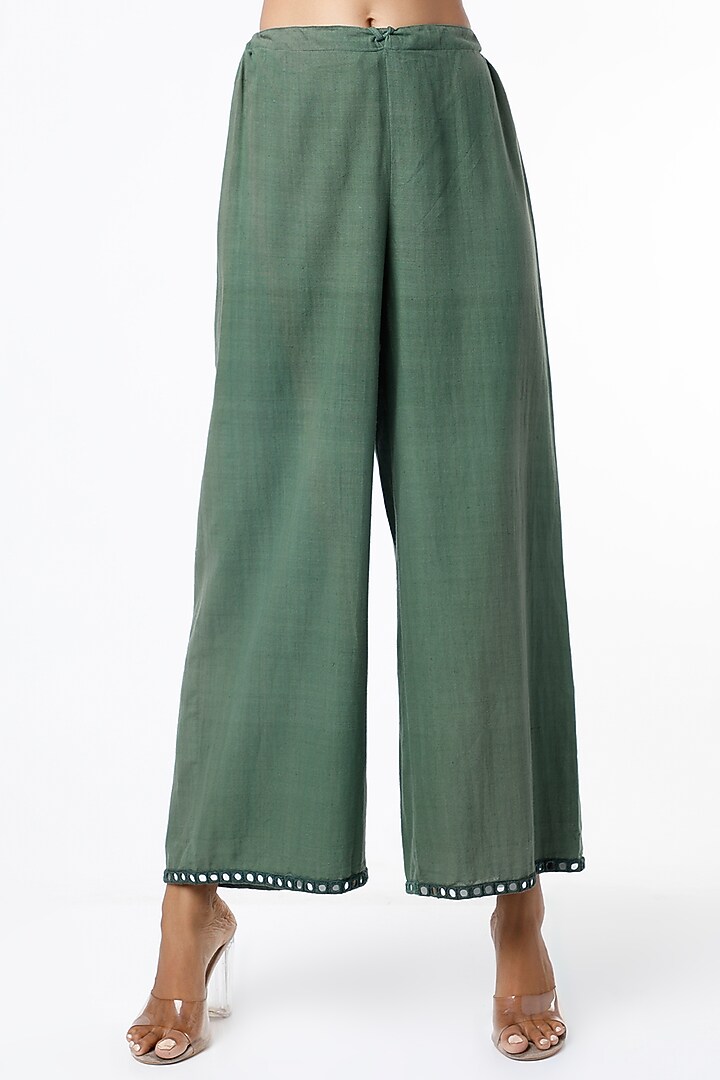 Green Cotton Blend Pants by Purvi Doshi at Pernia's Pop Up Shop
