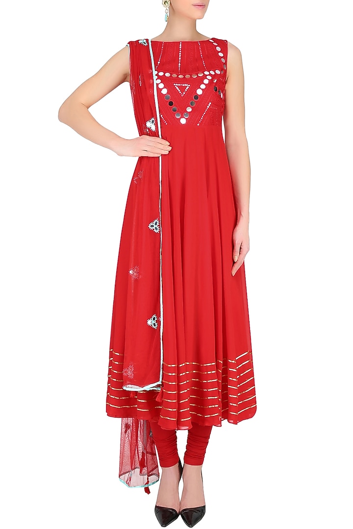 Red mirror work embellished sleeveless anarkali set available only at Pernia's Pop Up Shop.