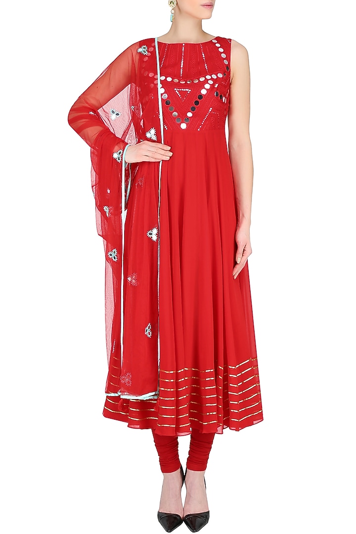 Red mirror work embellished sleeveless anarkali set available only at Pernia's Pop Up Shop.