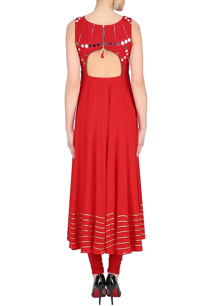 Red mirror work embellished sleeveless anarkali set available only at Pernia's Pop Up Shop.