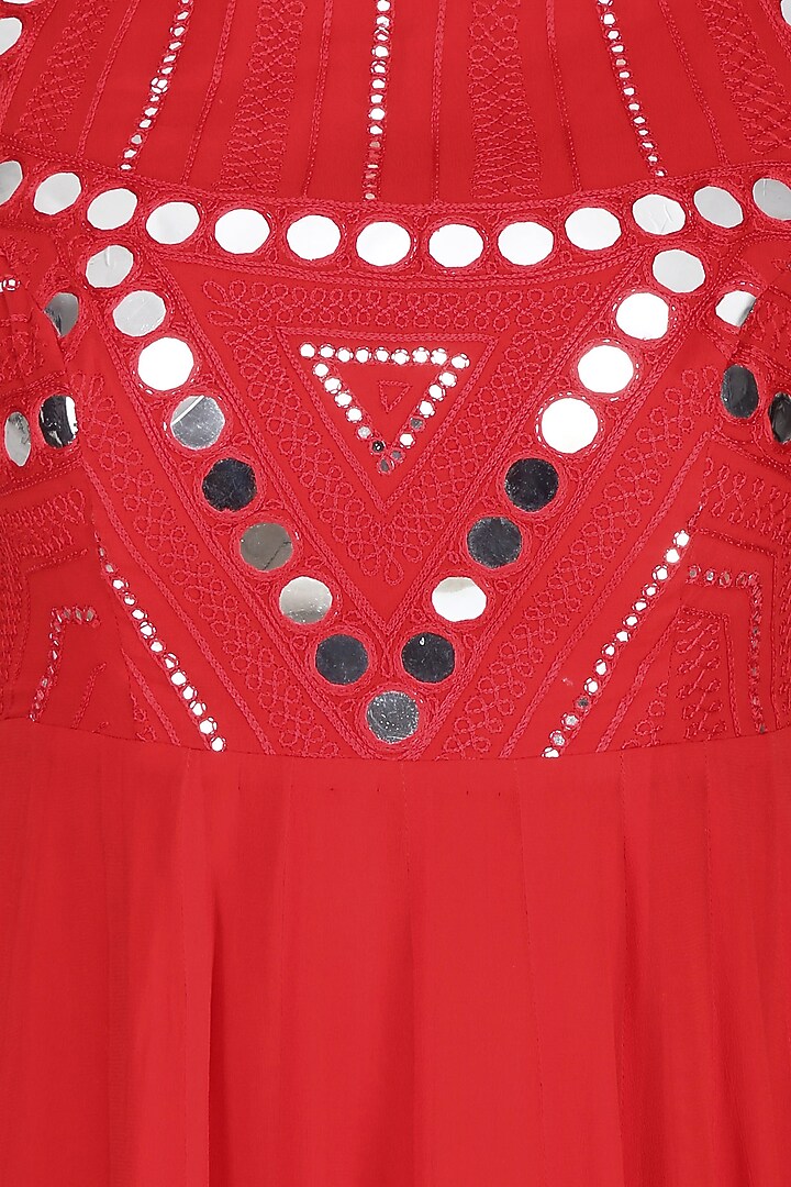 Red mirror work embellished sleeveless anarkali set available only at Pernia's Pop Up Shop.