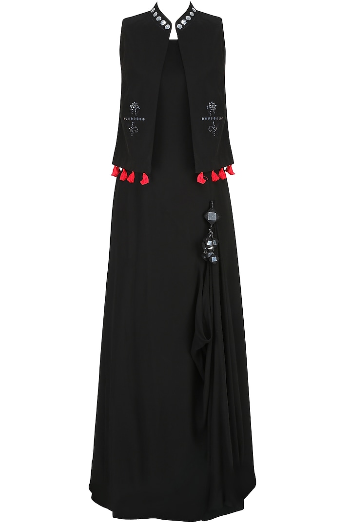 Black Draped Dress With Mirror Work Embellished Jacket by Preeti Reddy