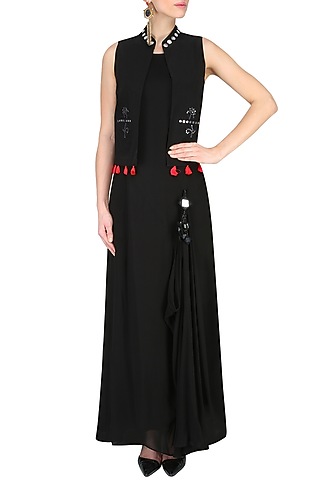 Black Draped Dress With Mirror Work Embellished Jacket by Preeti Reddy