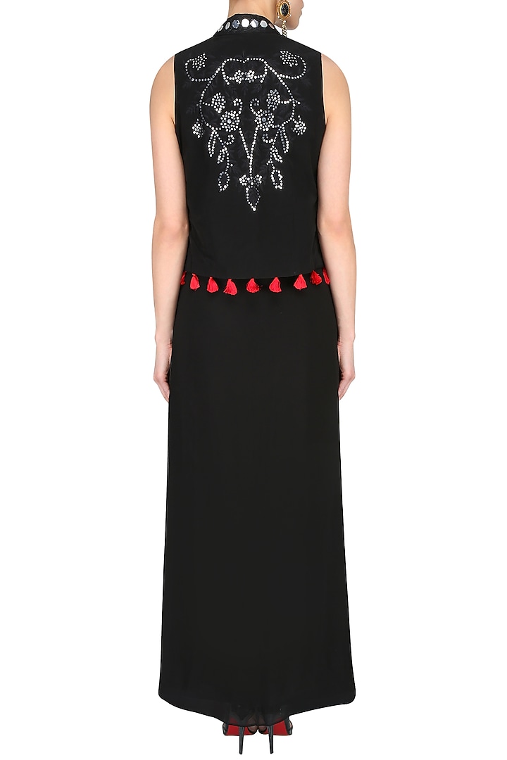 Black draped dress with mirror work embellished jacket available only at Pernia's Pop Up Shop.