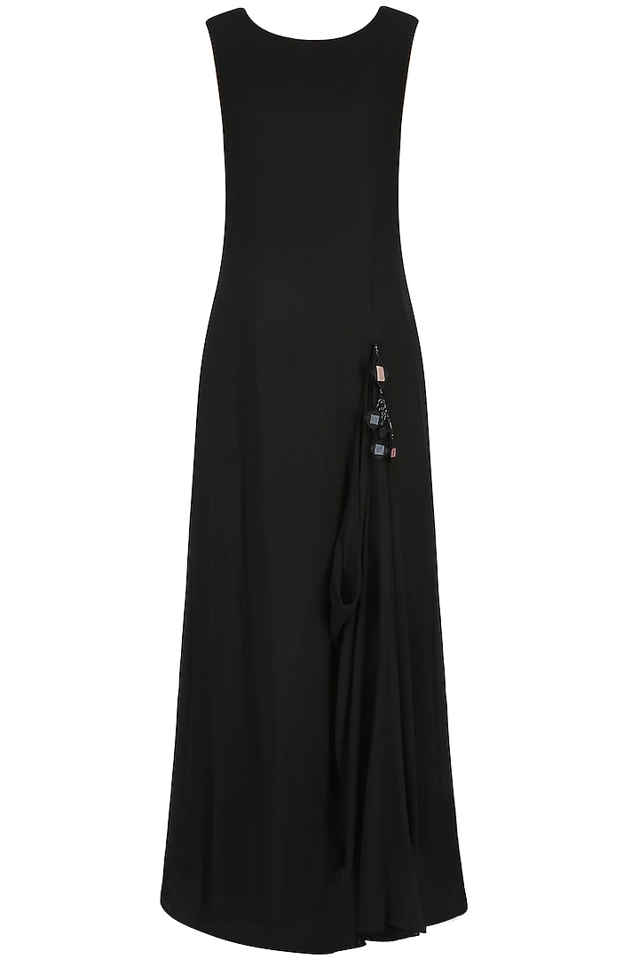 Black draped dress with mirror work embellished jacket available only at Pernia's Pop Up Shop.