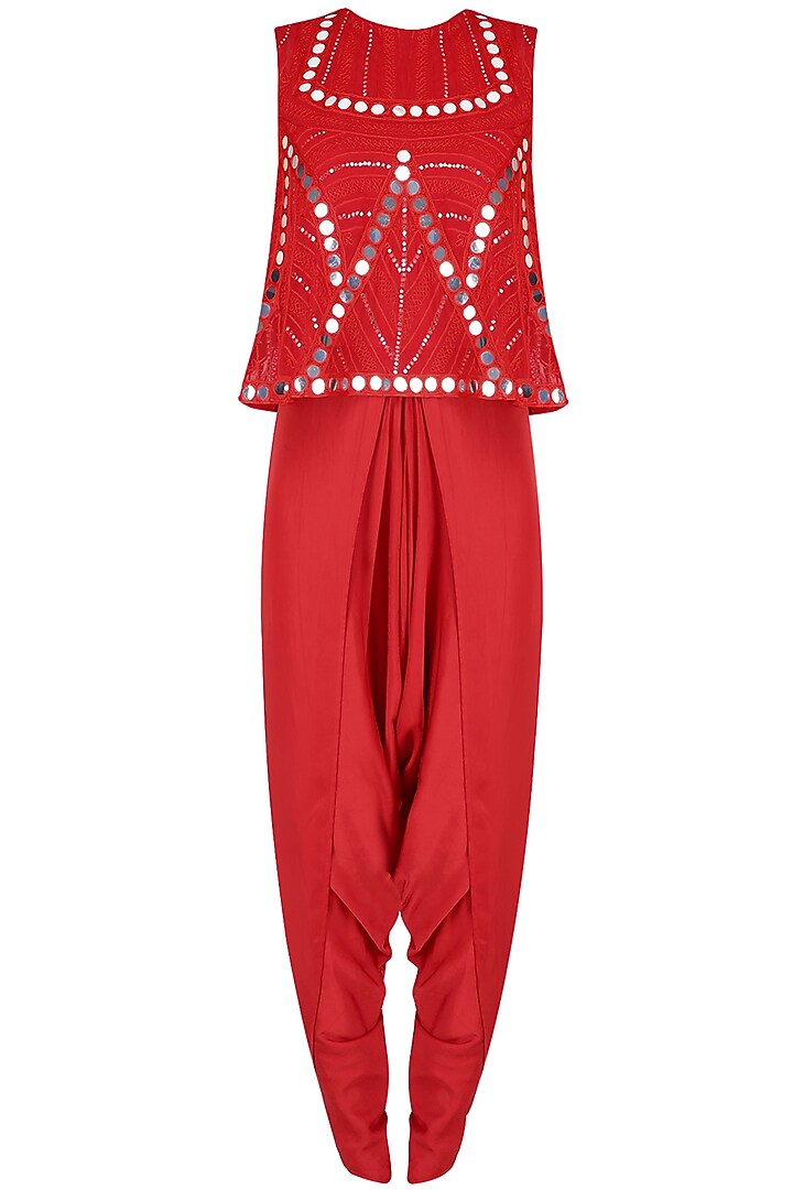 Red Mirror Work Embellished Top With Draped Dhoti Pants by Preeti Reddy