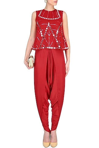 Red Mirror Work Embellished Top With Draped Dhoti Pants by Preeti Reddy