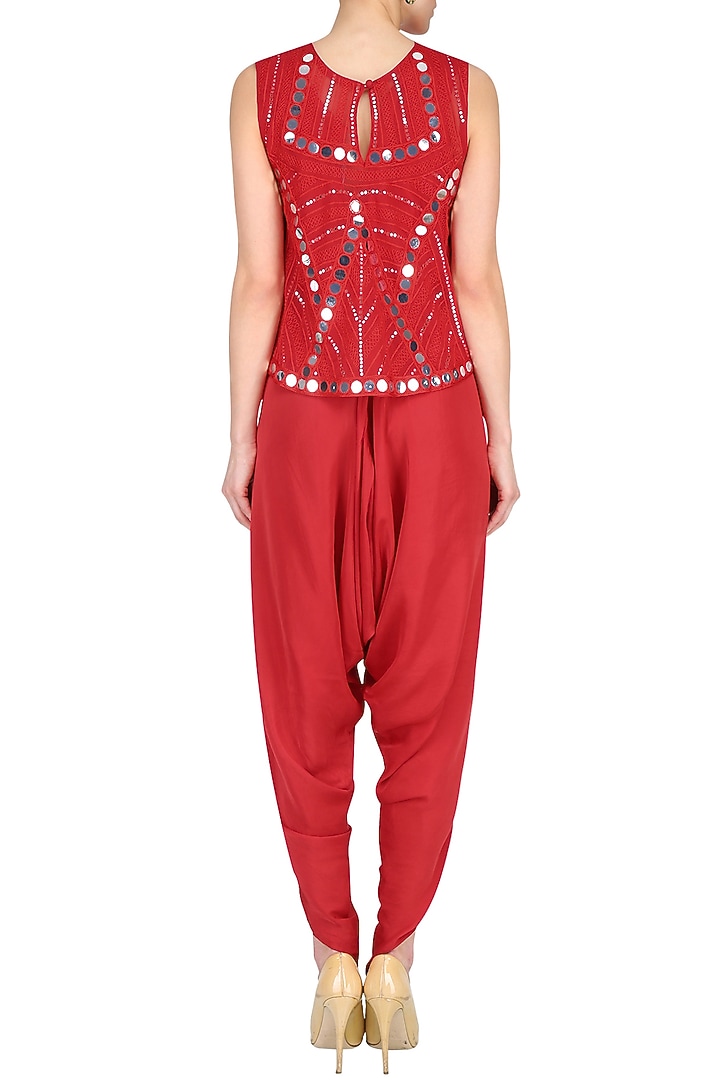 Red mirror work embellished top with draped dhoti pants available only at Pernia's Pop Up Shop.