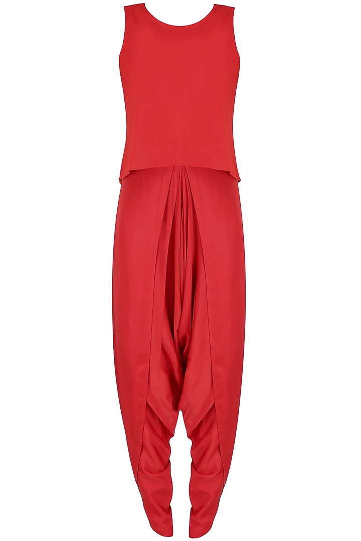 Red mirror work embellished top with draped dhoti pants available only at Pernia's Pop Up Shop.