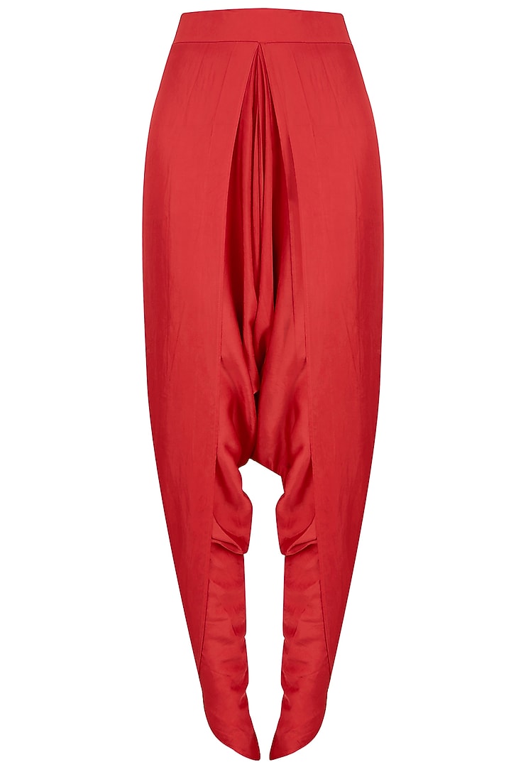 Red mirror work embellished top with draped dhoti pants available only at Pernia's Pop Up Shop.