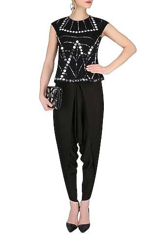 Black Mirror Work Embellished Top With Draped Dhoti Pants by Preeti Reddy