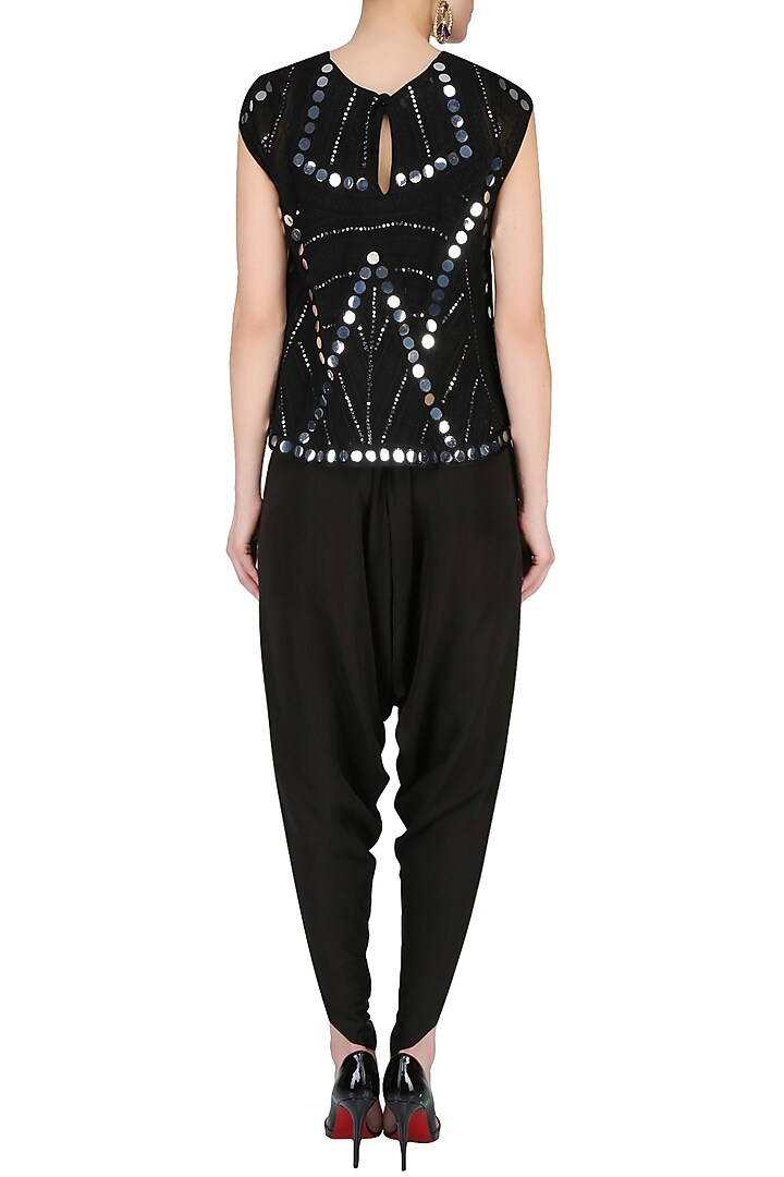 Black mirror work embellished top with draped dhoti pants available only at Pernia's Pop Up Shop.