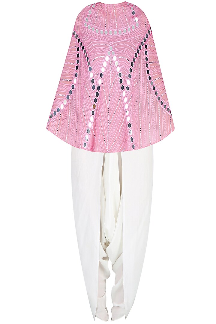 Onion Pink Mirror Work Cape With Off White Dhoti Pants by Preeti Reddy