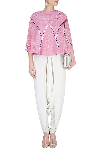 Onion Pink Mirror Work Cape With Off White Dhoti Pants by Preeti Reddy