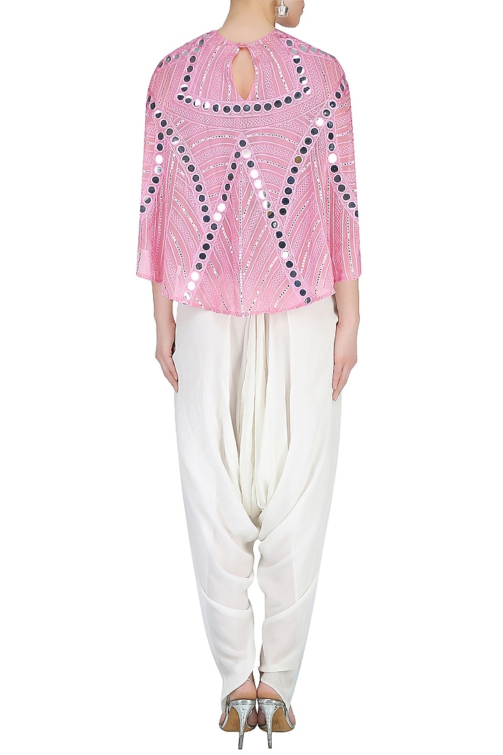 Onion pink mirror work cape with off white dhoti pants available only at Pernia's Pop Up Shop.