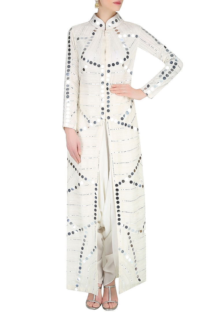 Off white mirror work front open jacket with dhoti pants available only at Pernia's Pop Up Shop.
