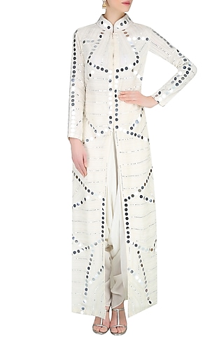 Off White Mirror Work Front Open Jacket With Dhoti Pants by Preeti Reddy