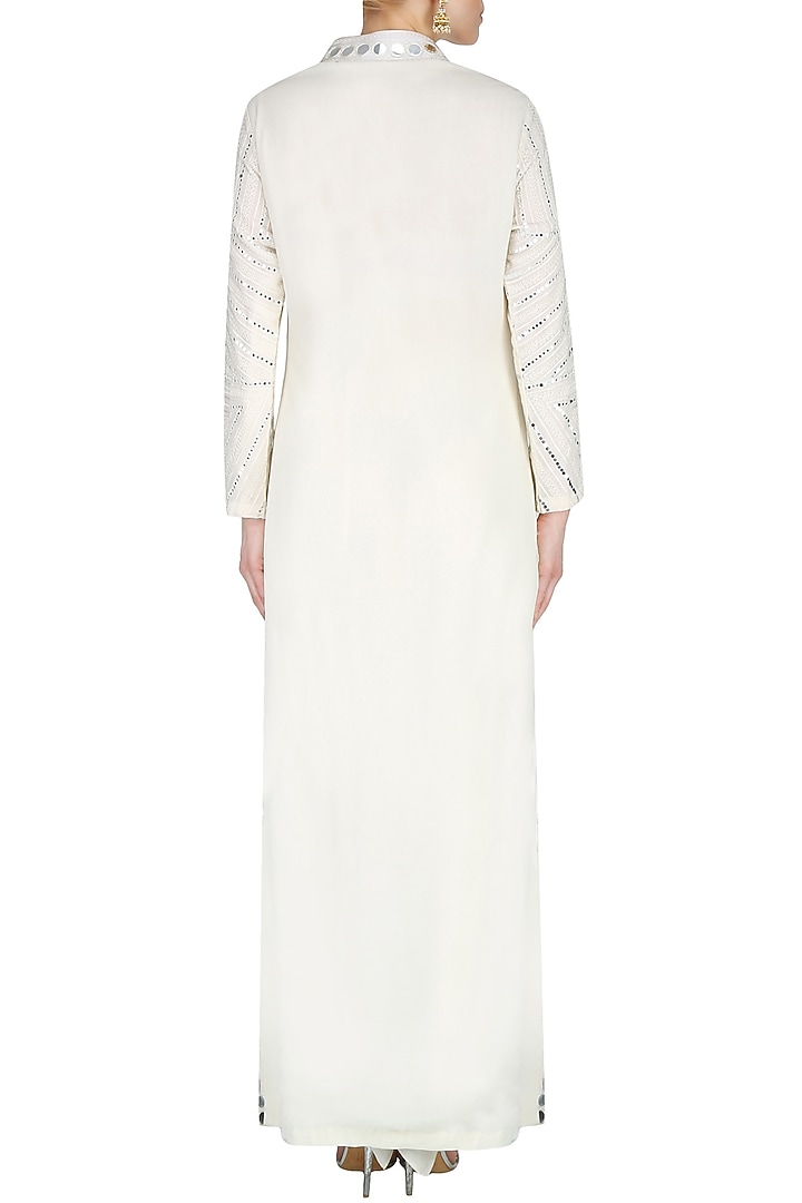 Off white mirror work front open jacket with dhoti pants available only at Pernia's Pop Up Shop.