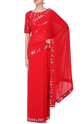 Red Mirror Work Embellished Saree With Blouse by Preeti Reddy