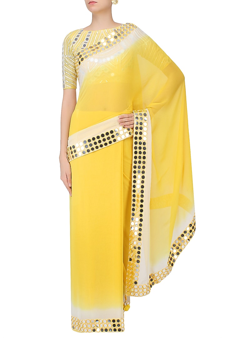 Lemon yellow and off white ombre shaded saree with mirror work blouse available only at Pernia's Pop Up Shop.
