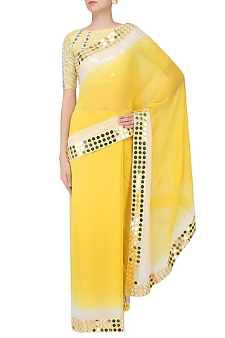 Lemon Yellow And Off White Ombre Shaded Saree With Mirror Work Blouse by Preeti Reddy