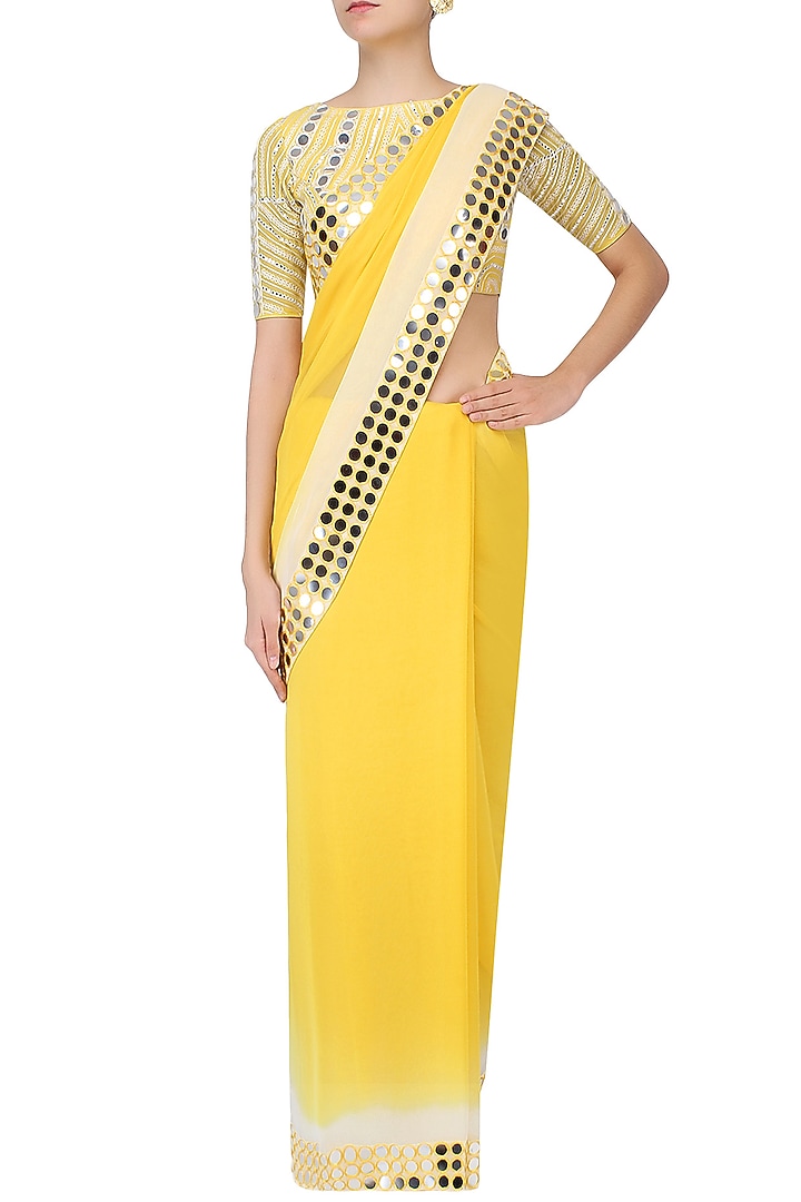 Lemon yellow and off white ombre shaded saree with mirror work blouse available only at Pernia's Pop Up Shop.