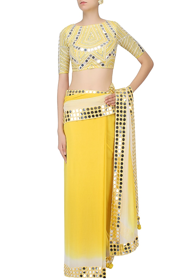Lemon yellow and off white ombre shaded saree with mirror work blouse available only at Pernia's Pop Up Shop.
