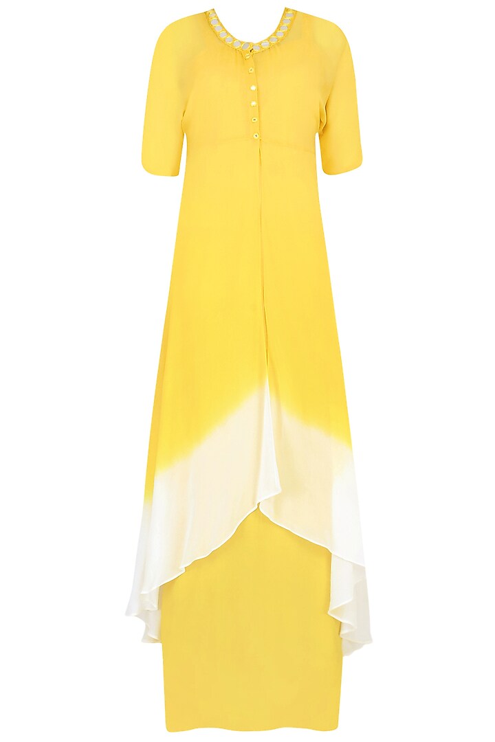 Off White And Yellow Ombre Shaded Mirror Work Kurta With Inner And Scarf by Preeti Reddy