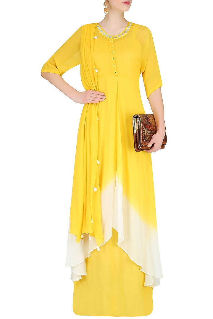 Off white and yellow ombre shaded mirror work kurta with inner and scarf available only at Pernia's Pop Up Shop.
