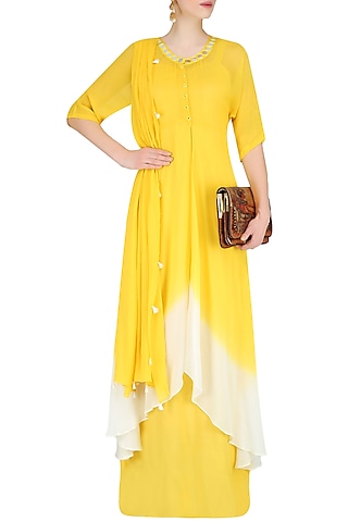 Off White And Yellow Ombre Shaded Mirror Work Kurta With Inner And Scarf by Preeti Reddy
