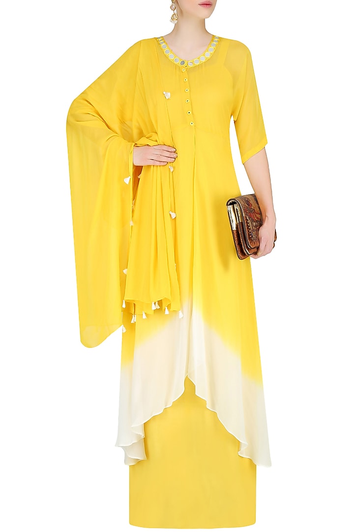 Off white and yellow ombre shaded mirror work kurta with inner and scarf available only at Pernia's Pop Up Shop.