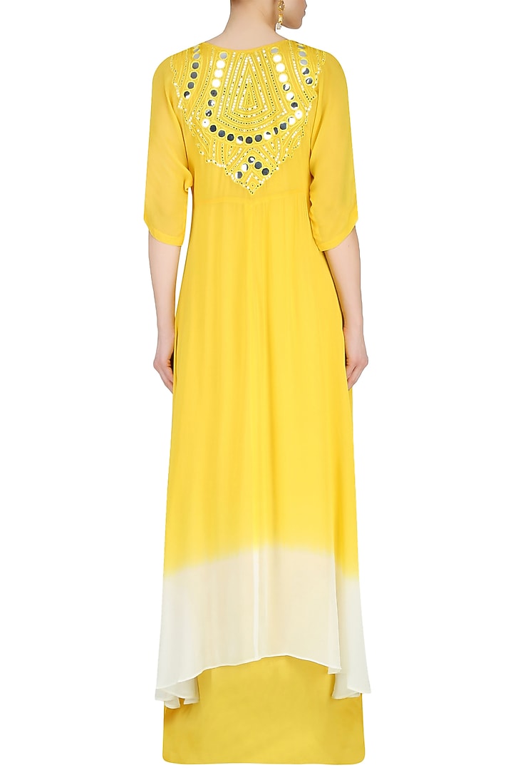 Off white and yellow ombre shaded mirror work kurta with inner and scarf available only at Pernia's Pop Up Shop.