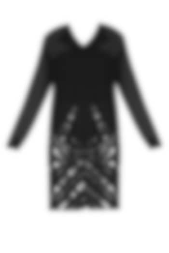 Black Layered Full Sleeves Shirt With Black Mirror Work Midi Skirt by Preeti Reddy