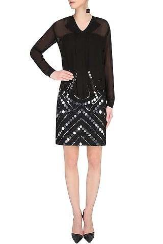 Black Layered Full Sleeves Shirt With Black Mirror Work Midi Skirt by Preeti Reddy