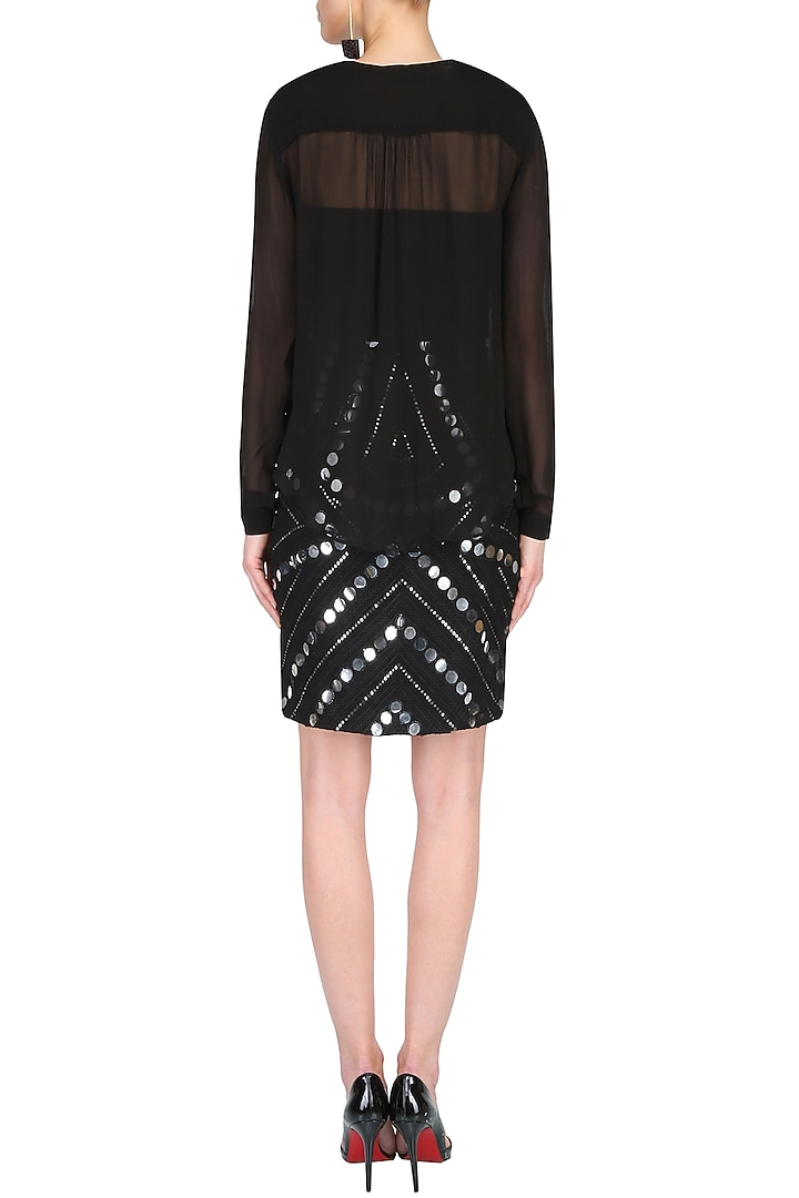 Black layered full sleeves shirt with black mirror work midi skirt available only at Pernia's Pop Up Shop.