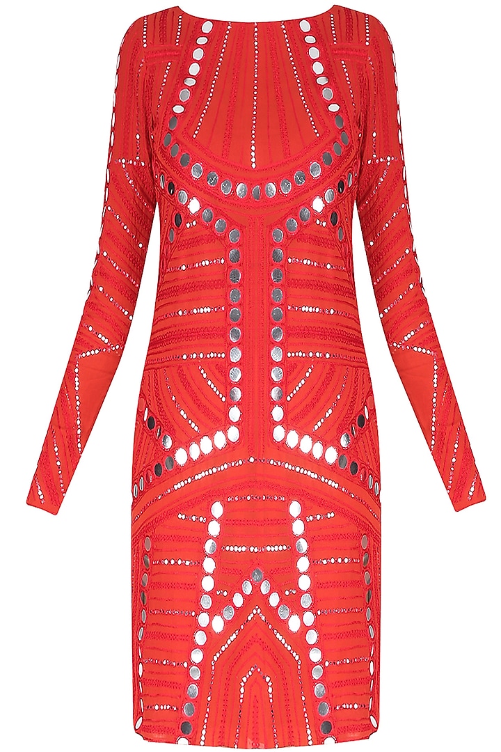 Red Ornate Mirror Work Full Sleeves Dress by Preeti Reddy