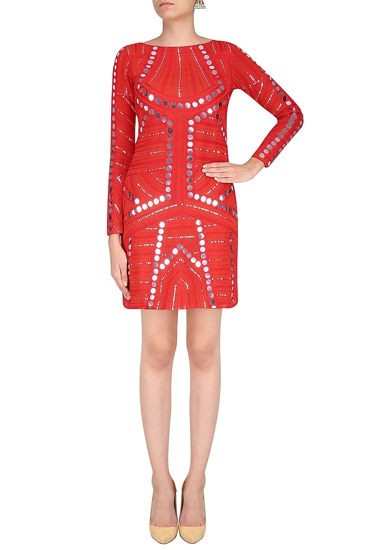 Red ornate mirror work full sleeves dress available only at Pernia's Pop Up Shop.