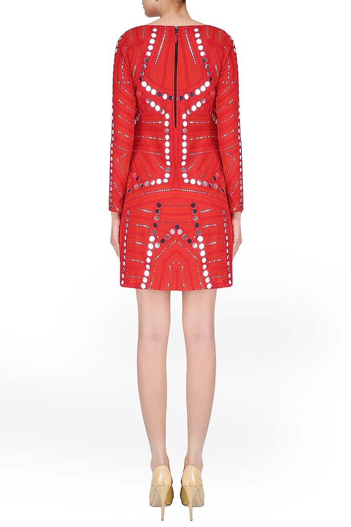 Red ornate mirror work full sleeves dress available only at Pernia's Pop Up Shop.