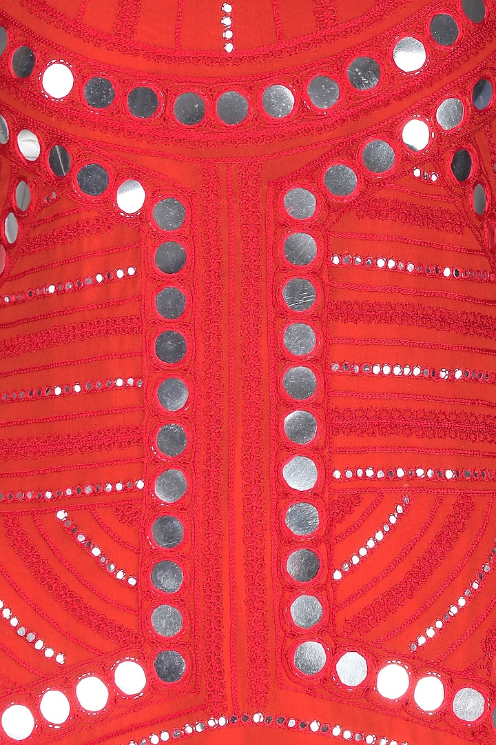 Red ornate mirror work full sleeves dress available only at Pernia's Pop Up Shop.