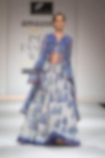 Indigo and White Block Printed Lehenga with Crop Top and Asymmetrical Jacket by Poonam Dubey Designs