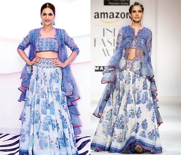 Indigo and white block printed lehenga with crop top and asymmetrical jacket available only at Pernia's Pop Up Shop.